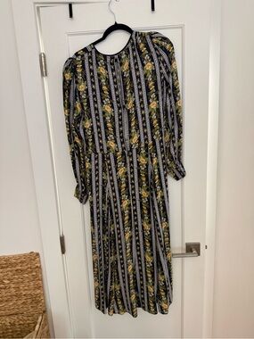 Reformation Black Floral Stripe Long-Sleeve Midi Dress